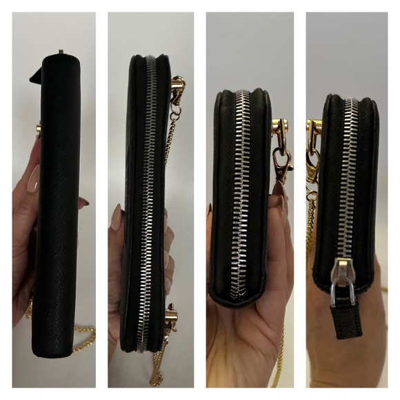 💯 PRADA Logo Black Saffiano Zippered Leather Wallet of Chain w/ auth card - Picture 9 of 12